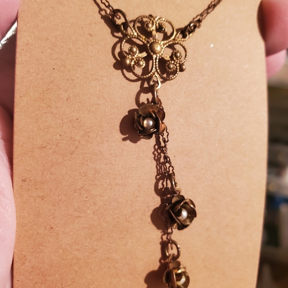 JANNY Floral and Pearl Look Necklace Paperclip Chain Signed Victorian Fl… - Picture 1 of 10